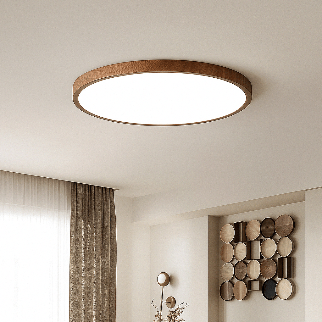 Lamp met bruine houtlook rand aan een plafond in een lichte woonkamer met gordijn en decoratieve houten wandschijven. 11