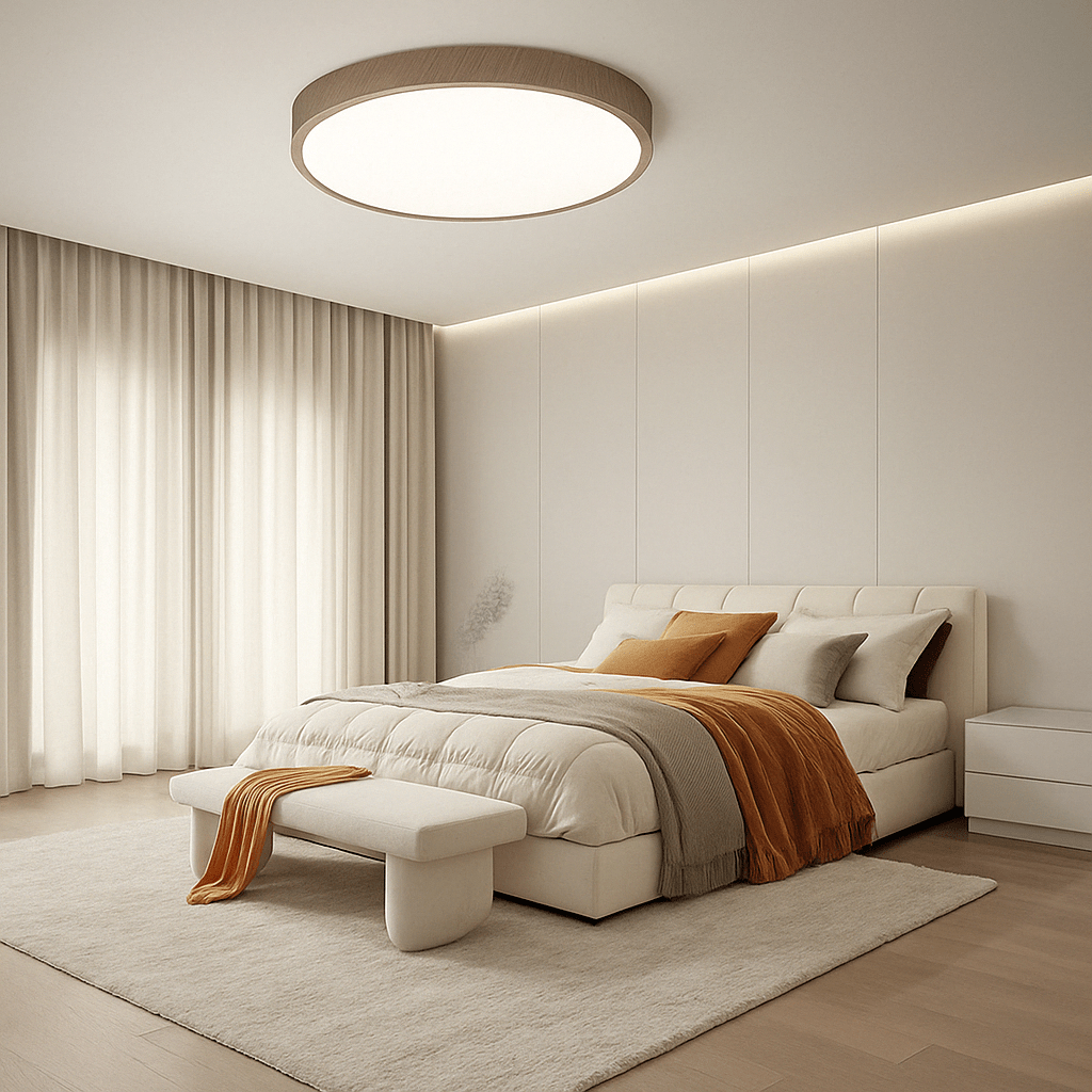 Ronde plafondlamp met houtlook rand boven een bed met crèmekleurig beddengoed en oranje plaid in een rustige slaapkamer. 12
