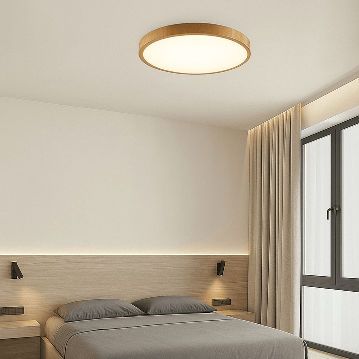 Ronde plafondlamp met licht houten rand boven een tweepersoonsbed met grijze kussens, houten hoofdbord en groot raam. 13