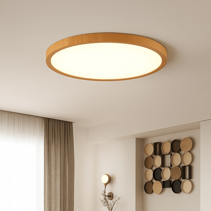 Ingeschakelde plafondlamp met warm houtkleurige rand in een lichte kamer met gordijn en wanddecoratie van houten schijven. 14