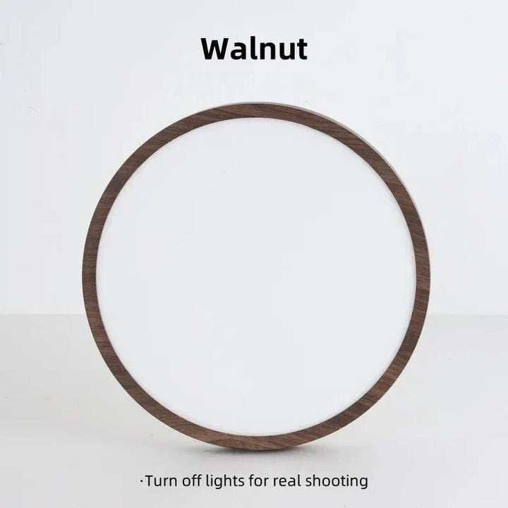 Voorkant van de uitgeschakelde ronde lamp met donkere notenhouten rand en witte diffuser tegen een lichte achtergrond. 17