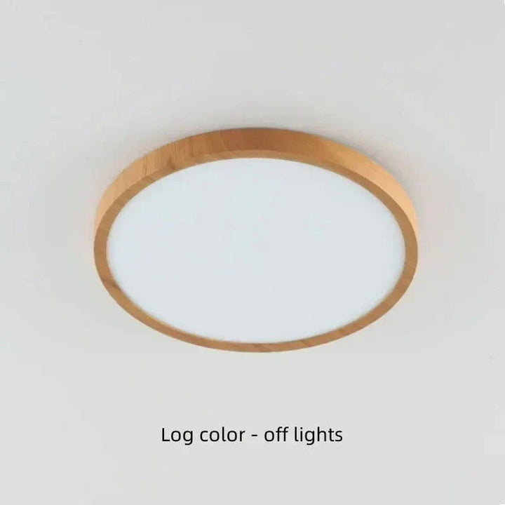 Uitgeschakelde ronde plafondlamp met lichte houtkleurige rand en matte witte diffuser, schuin van onderen gezien. 19