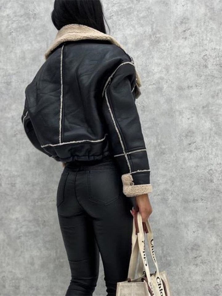Motorcycle Jacket with Lapels and Sherpa Lining - Zoë