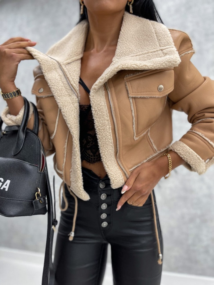 Motorcycle Jacket with Lapels and Sherpa Lining - Zoë