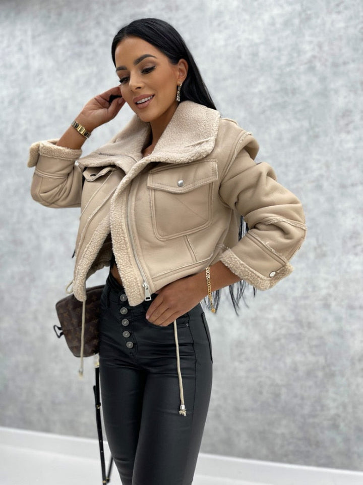 Motorcycle Jacket with Lapels and Sherpa Lining - Zoë