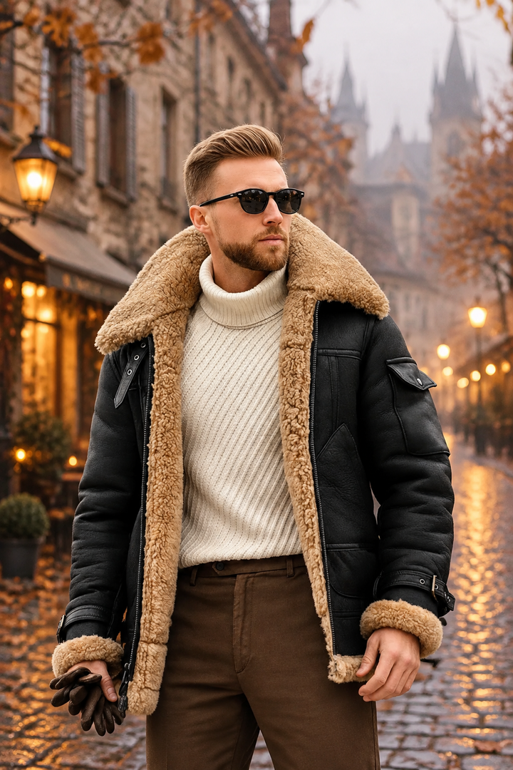 Man draagt de zwarte jas met beige teddybont op een herfstachtige kasseienstraat bij schemering 1