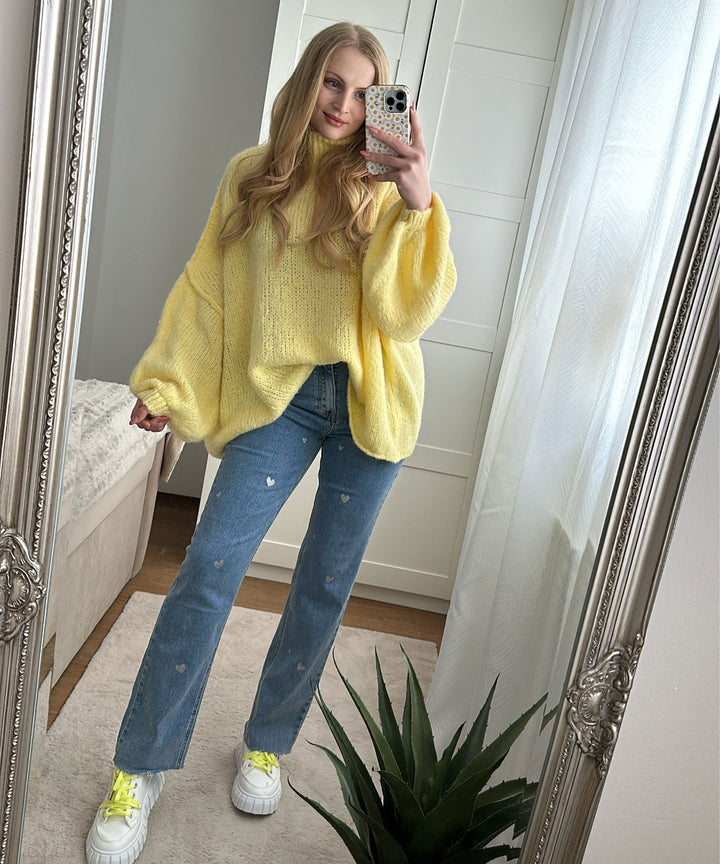 Women's Stretch Jeans with Wide Legs and Heart Print - Amelie