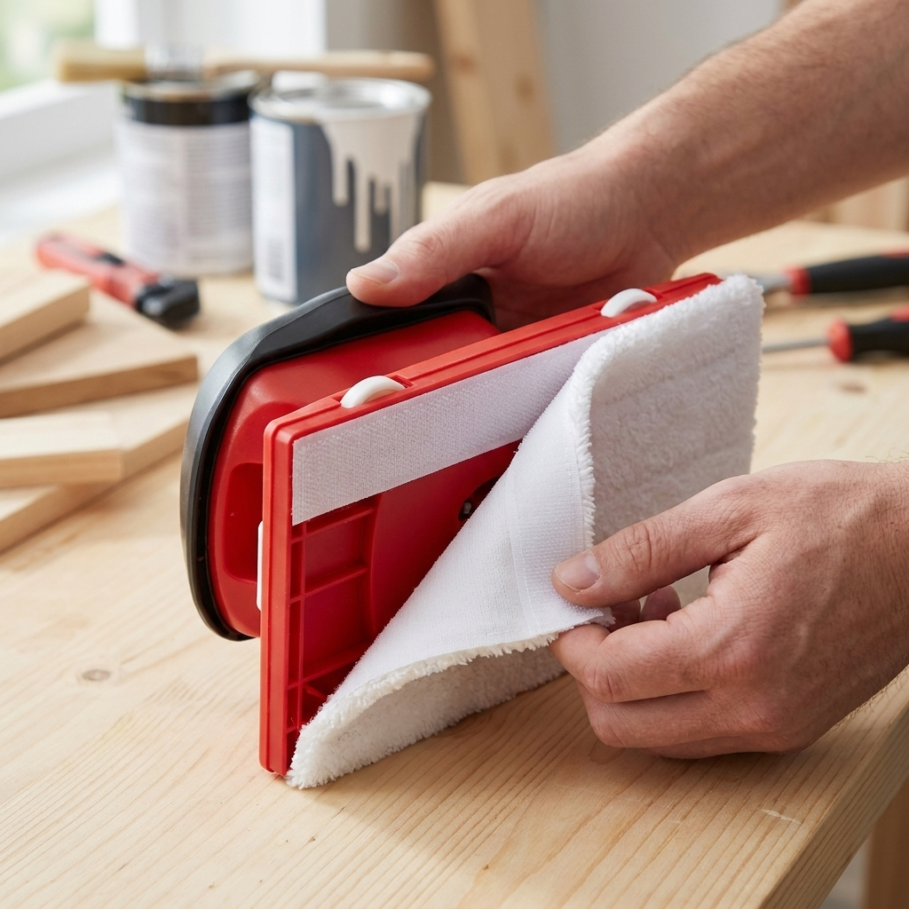 Handen bevestigen een witte pad met klittenband onder de rode verfkantroller, op een houten werkbank met verfblikken en gereedschap erachter. 3