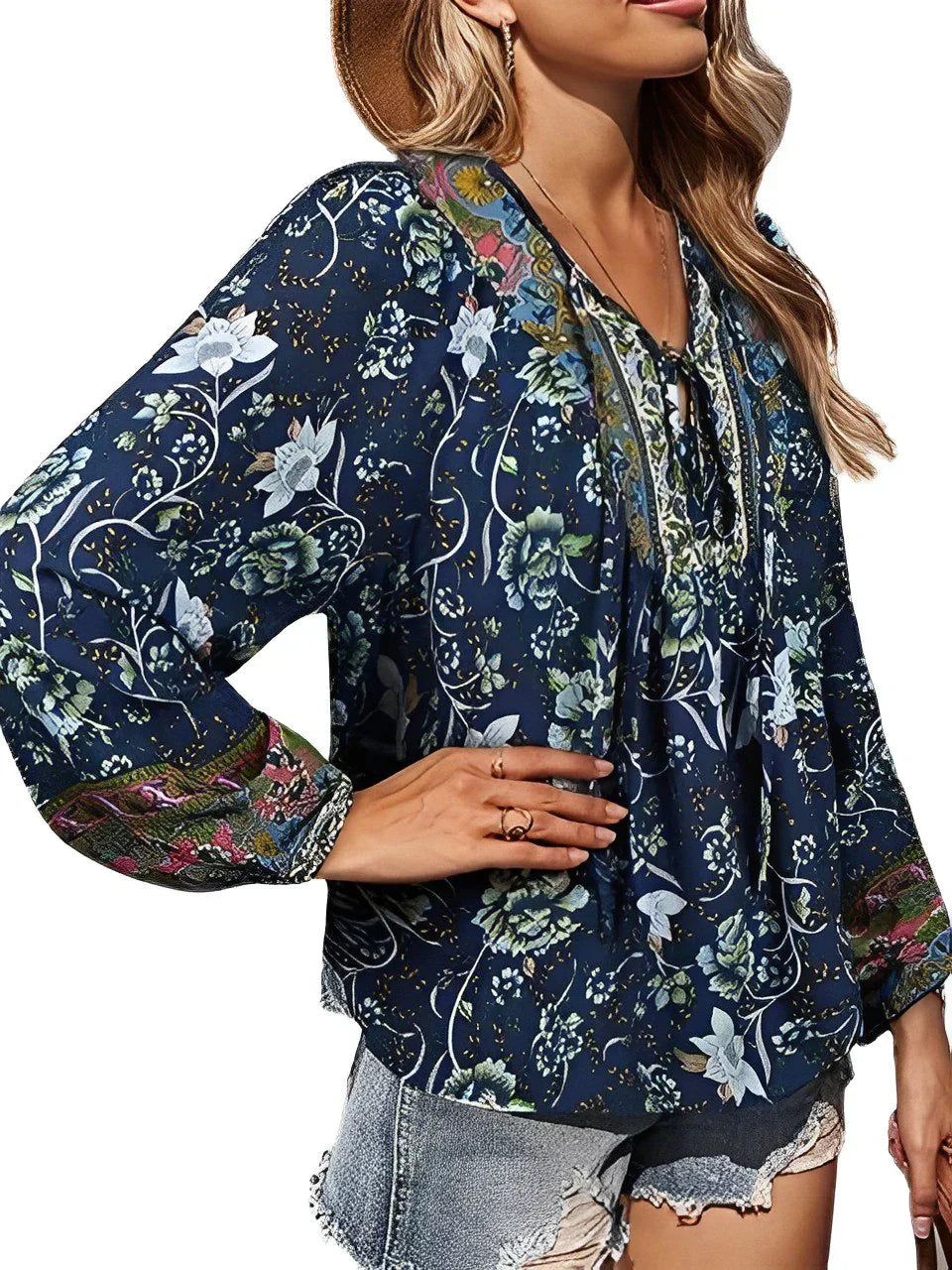 Vintage boho letnia bluzka z kwiatowym nadrukiem i długimi rękawami – Sana