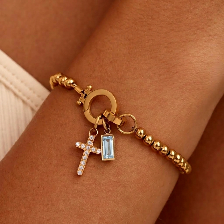 Nova Bead Birthstone Bracelet with Cross Charm 19