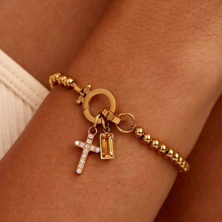 Nova Bead Birthstone Bracelet with Cross Charm 35