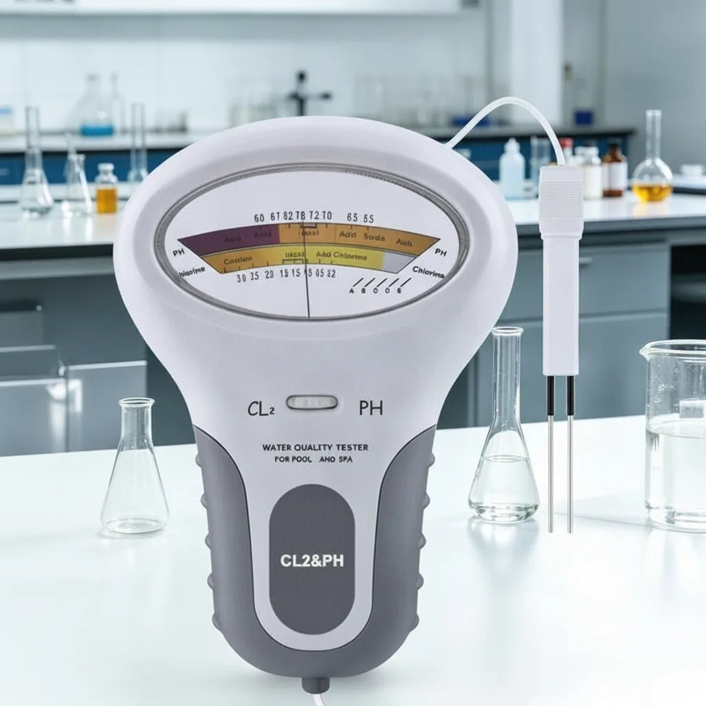 Voorkant van de tester met wijzerplaat en sonde op een laboratoriumtafel tussen reageerbuizen en maatbekers. 5