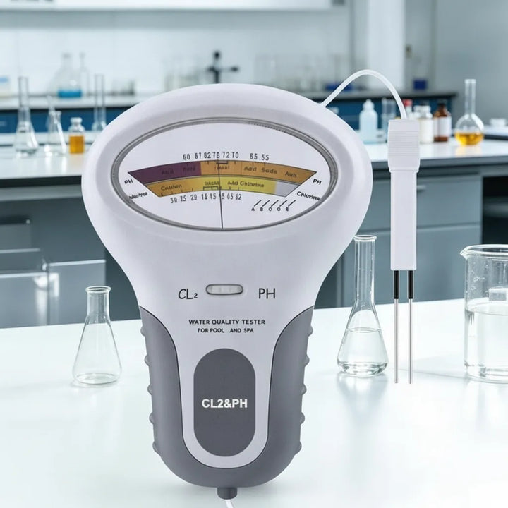 Voorkant van de tester met wijzerplaat en sonde op een laboratoriumtafel tussen reageerbuizen en maatbekers. 5