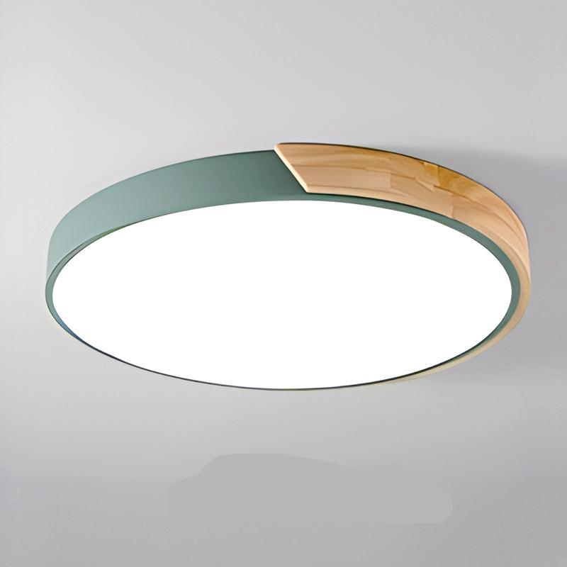 Groene ronde plafondlamp met houten accent aan de rand, vrijstaand getoond op een lichtgrijze achtergrond. 13