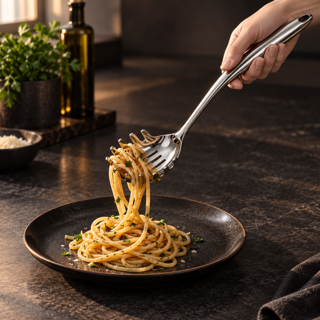 Hand tilt spaghetti met knoflook en kruiden op met de pastalepel boven een donker bord. 11