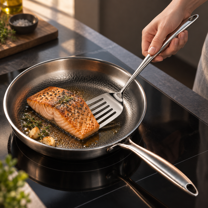 Hand draait een gebakken zalmfilet in een roestvrijstalen pan met de spatel met sleuven, met knoflook en tijm in de pan. 10