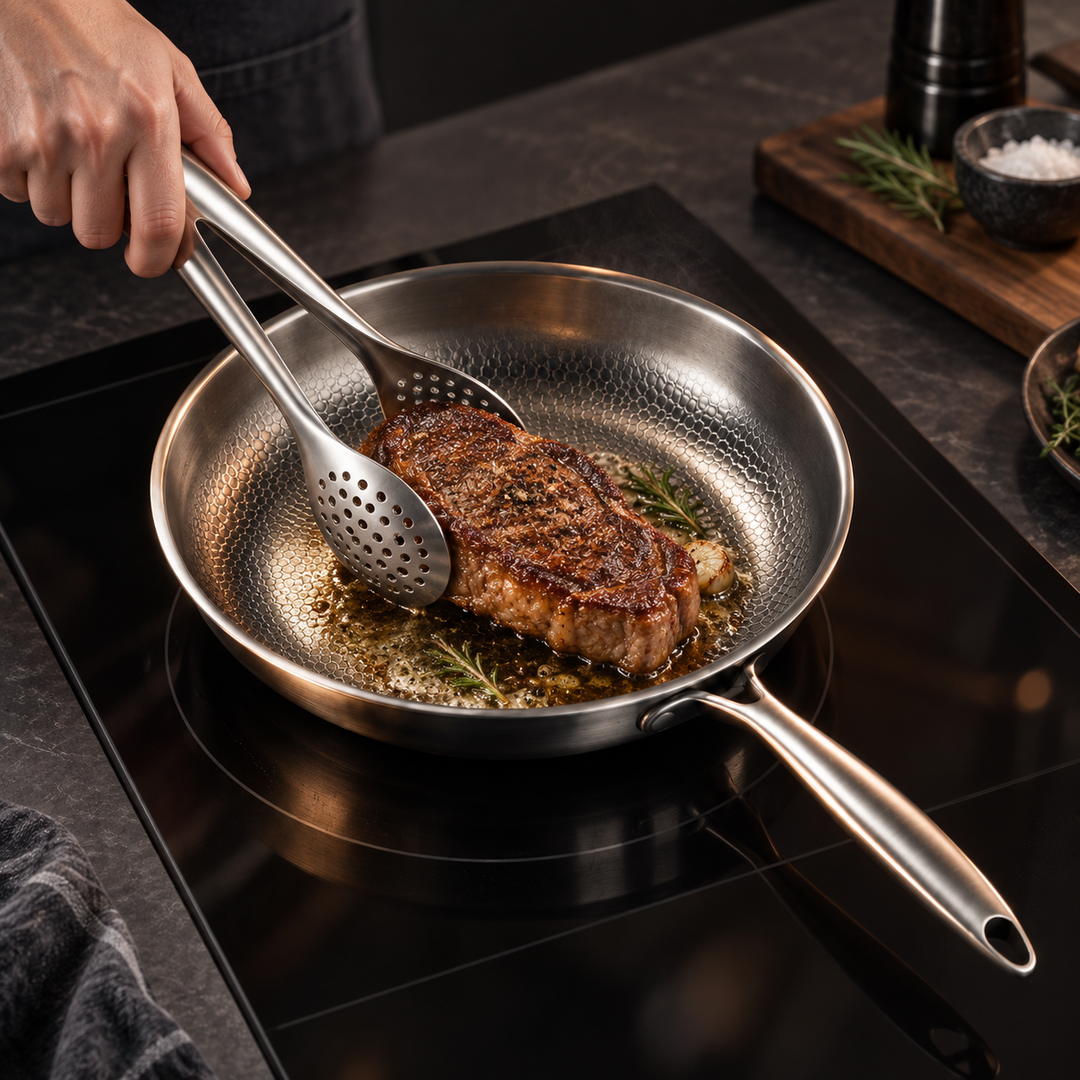 Hand bakt een steak in een roestvrijstalen pan op een inductiekookplaat en draait het vlees om met de tang. 9