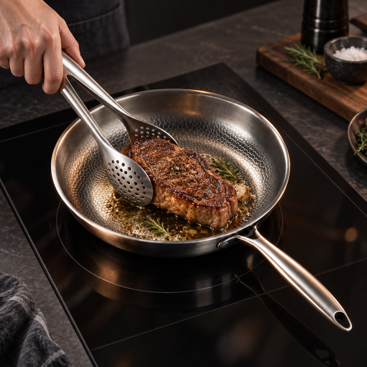 Hand bakt een steak in een roestvrijstalen pan op een inductiekookplaat en draait het vlees om met de tang. 9