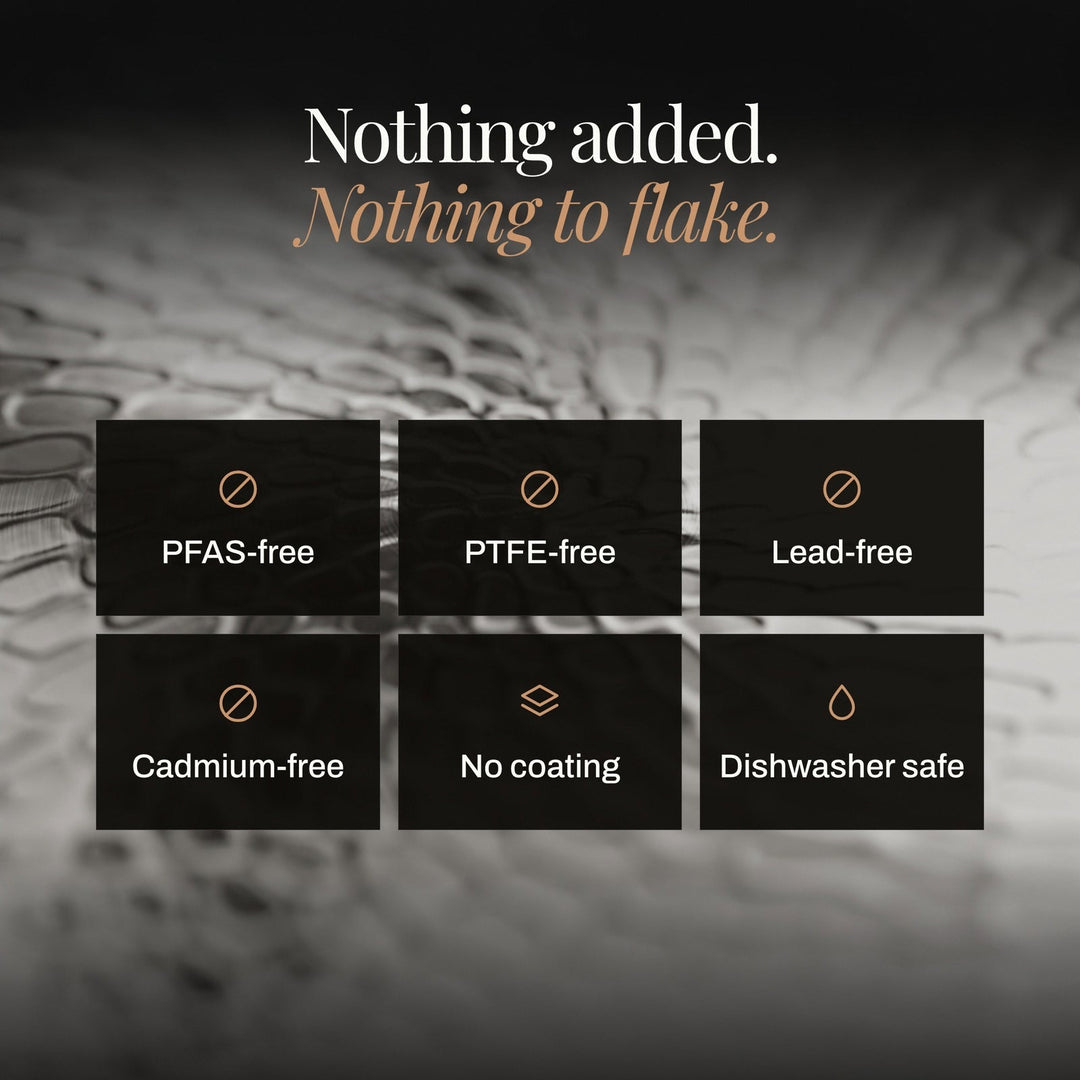 Infographic met zes vakken over de eigenschappen van de pan, met onder meer pictogrammen voor vrij van schadelijke stoffen, geen coating en vaatwasserbestendig. 7