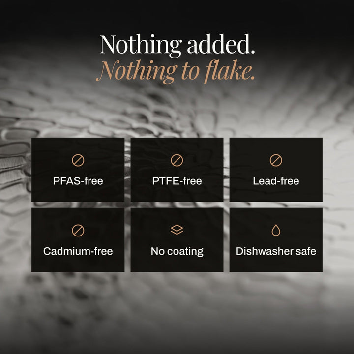 Infographic met zes vakken over de eigenschappen van de pan, met onder meer pictogrammen voor vrij van schadelijke stoffen, geen coating en vaatwasserbestendig. 7