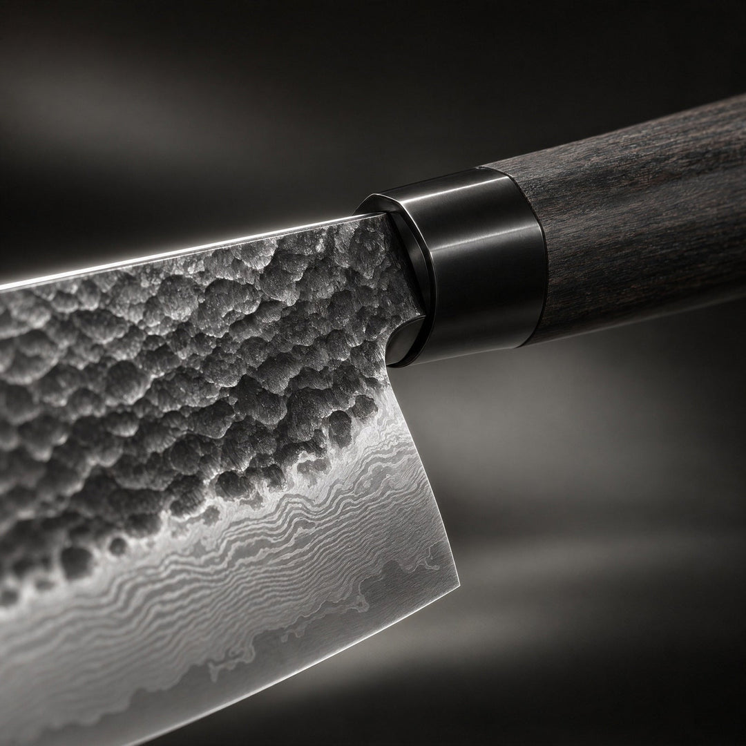 Close-up van de overgang tussen lemmet en handvat: gehamerde textuur, golvend staalpatroon en zwarte metalen ring bij het donkere hout. 3