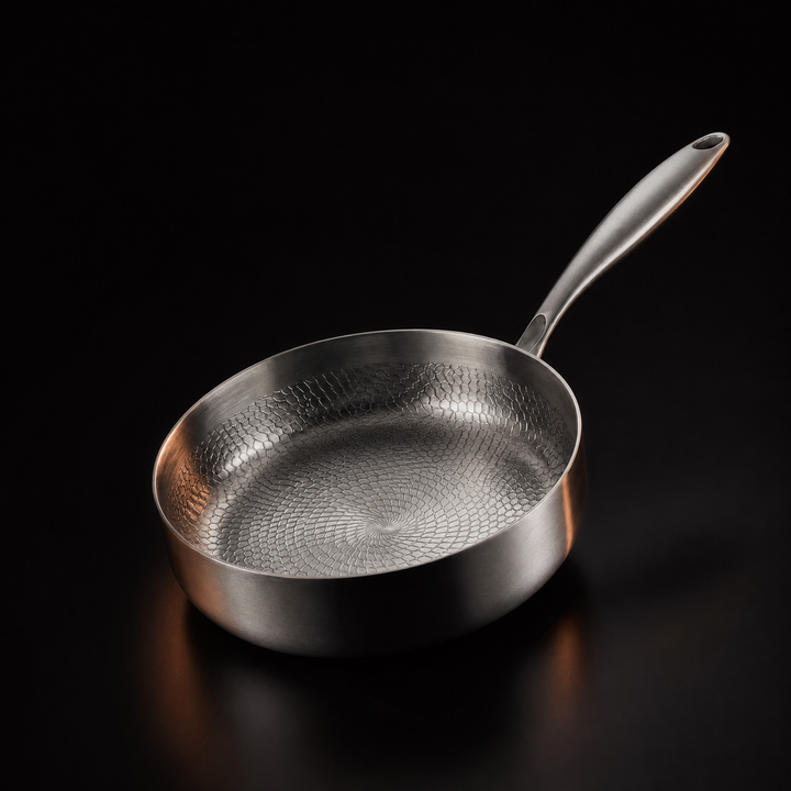 Schuin bovenaanzicht van de lege pan met een reliëfpatroon op de bodem, tegen een zwarte achtergrond 1