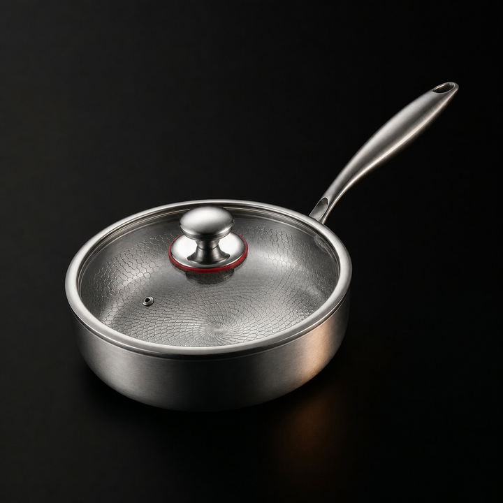 De pan met een glazen deksel met metalen knop en stoomgat, schuin van boven gezien 3