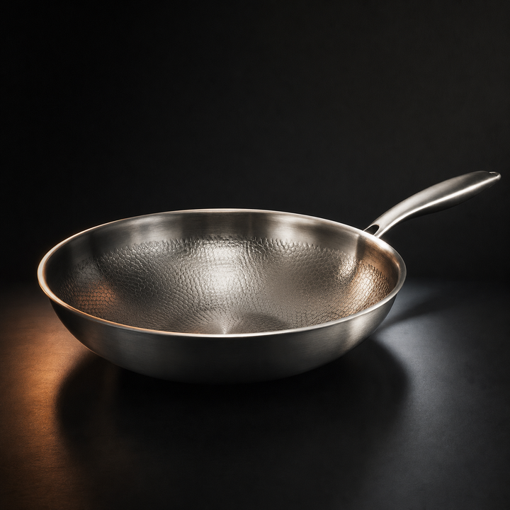 Lege wokpan met gehamerd reliëf aan de binnenkant en een metalen steel, schuin van boven gefotografeerd tegen een donkere achtergrond. 1