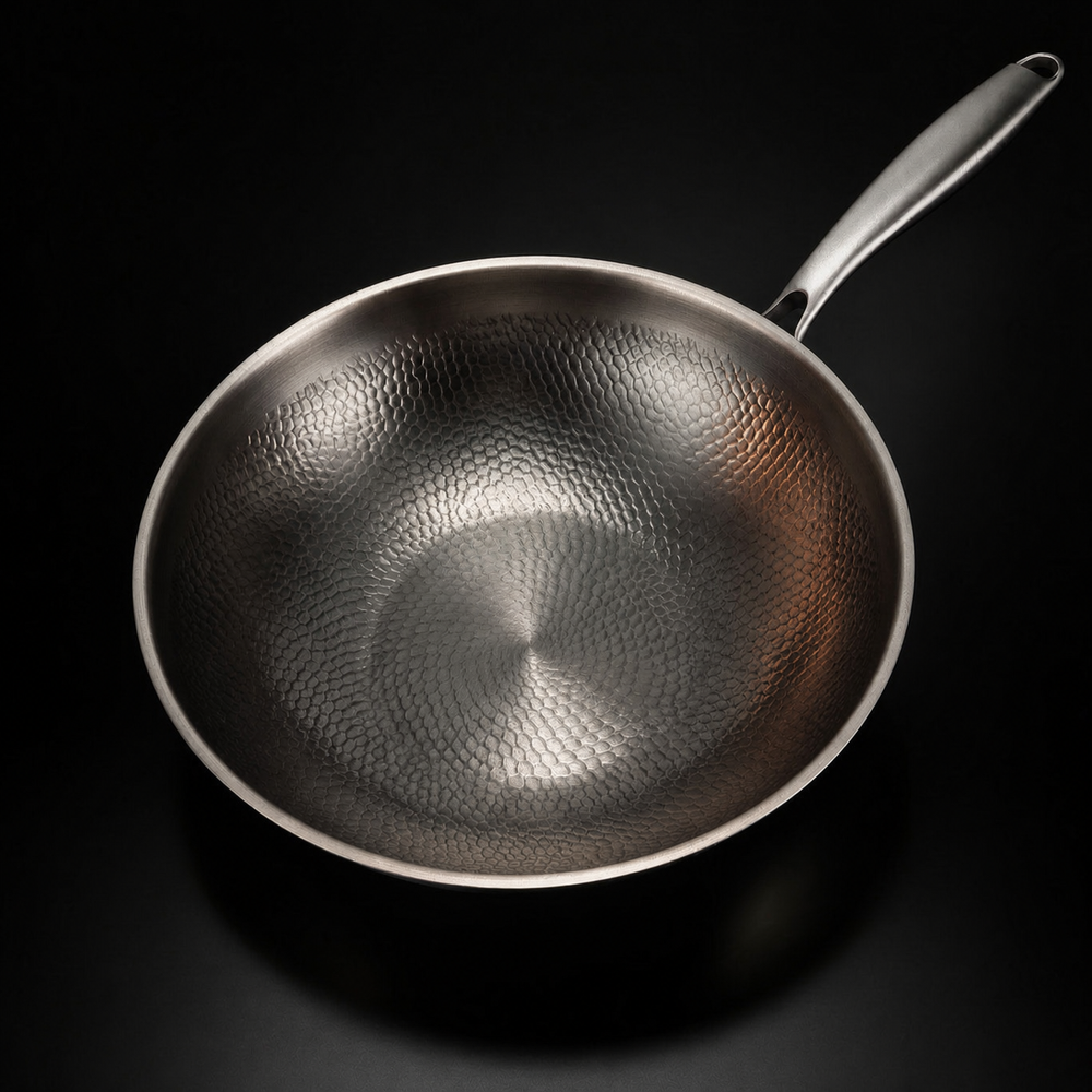 Bovenaanzicht van de lege wokpan, met het gehamerde schubbenpatroon in de binnenkant goed zichtbaar. 2