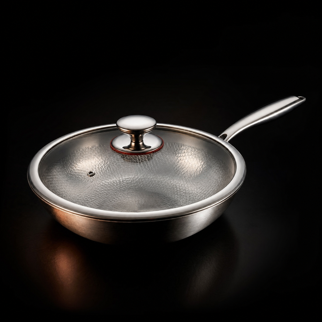 Wokpan met glazen deksel met metalen knop en stoomgat, het gehamerde patroon zichtbaar door het glas. 3