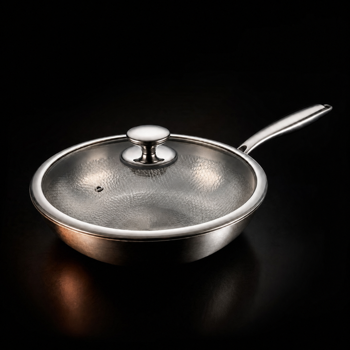 Wok met glazen deksel erop, door het glas is het gehamerde patroon van de binnenkant zichtbaar op een zwarte achtergrond. 4