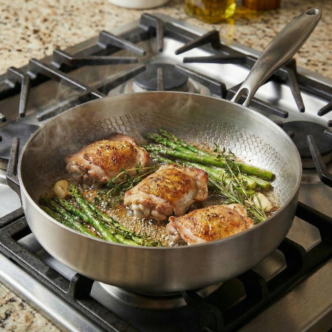 Pan op een gasfornuis met gebakken kippendijen, groene asperges, tijm en knoflook erin 4
