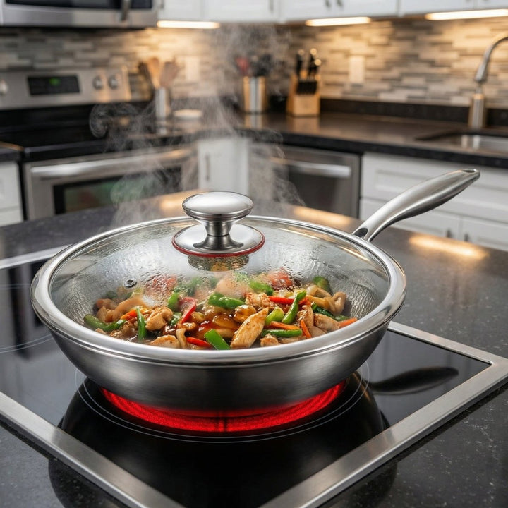 Wokpan met glazen deksel en roerbakgerecht met kip en groenten op een keramische kookplaat in een moderne keuken. 6
