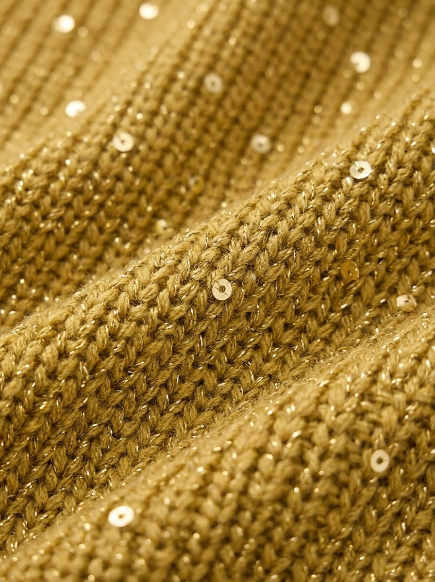 Close-up van het goudkleurige breisel met kleine glinsterende pailletten en metaaldraad, waarop de ribstructuur goed zichtbaar is. 13