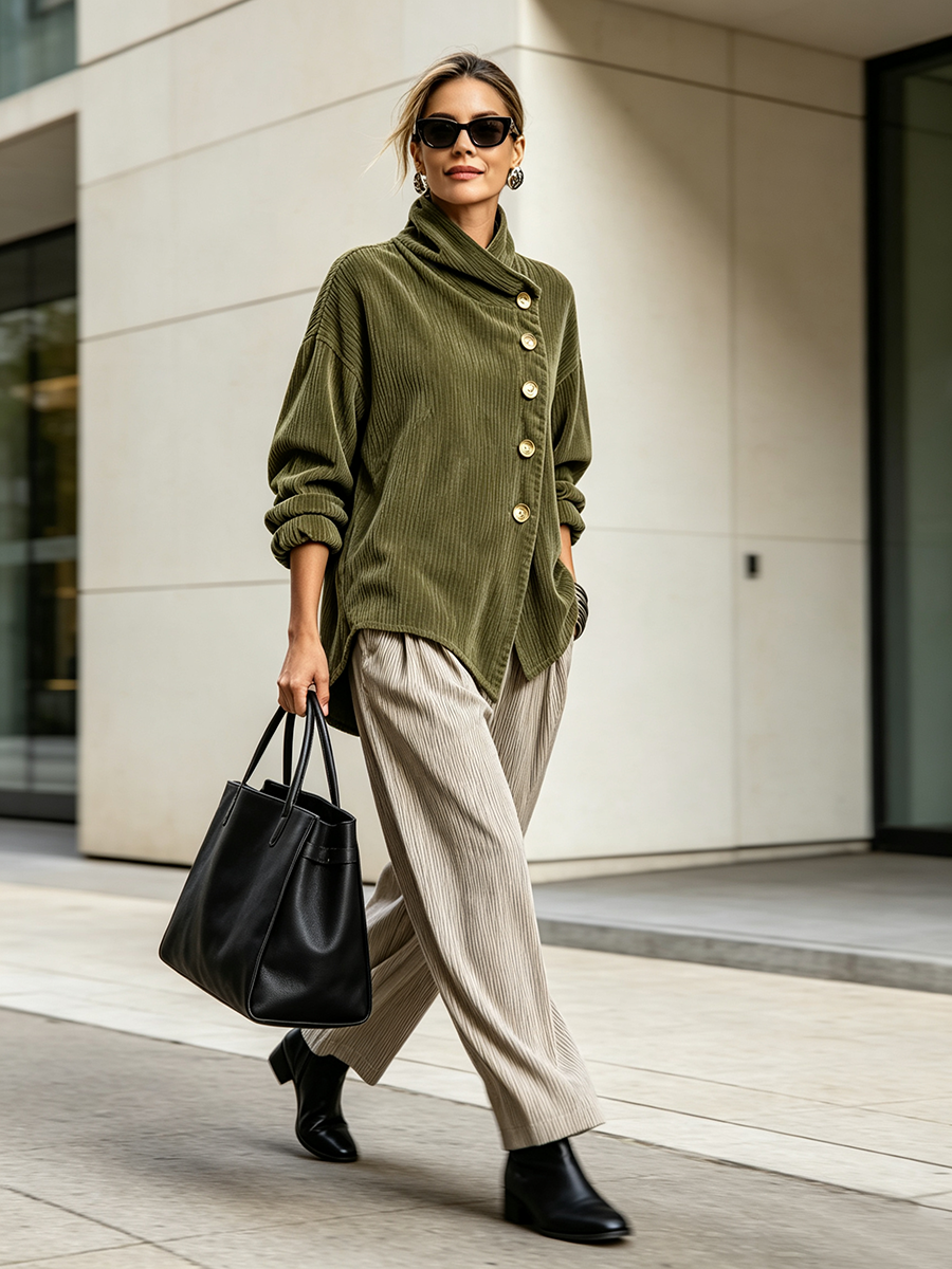 Model draagt de groene ribfluwelen trui met beige broek, zwarte laarzen en een zwarte tas tijdens een wandeling buiten. 3
