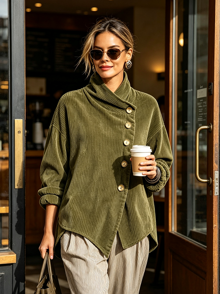 Model in de groene ribfluwelen trui met gestreepte broek loopt zonnebril op en met koffiebeker uit een café. 2