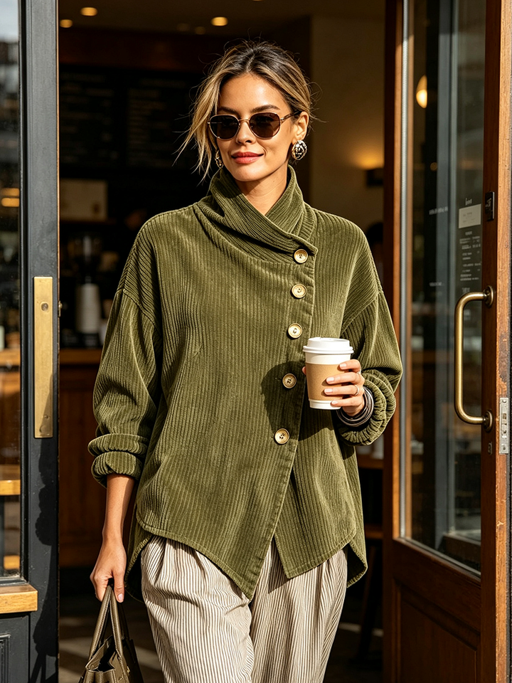 Model in de groene ribfluwelen trui met gestreepte broek loopt zonnebril op en met koffiebeker uit een café. 2