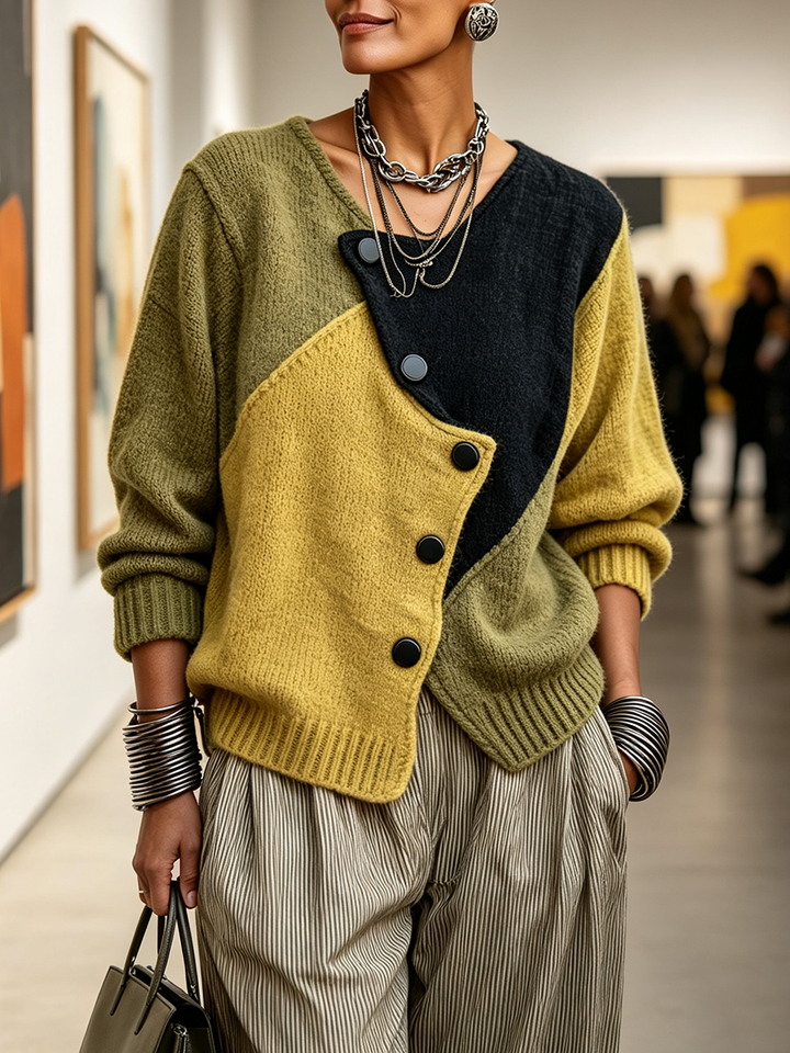 Model draagt de trui met schuine knopenrij en gestreepte broek in een galerie, met tas in de hand. 3
