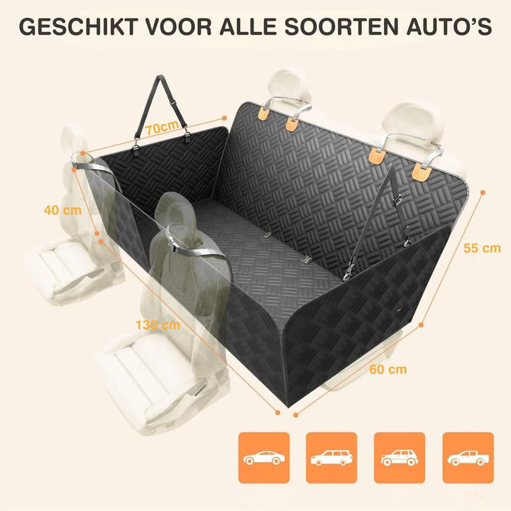 Schema met afmetingen van het zwarte bankbed in een auto en pictogrammen van verschillende autotypes waarvoor het geschikt is. 9