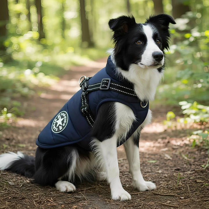 Border collie zit op een bospad in een marineblauwe gewatteerde jas met zwart reflecterend tuigje. 1
