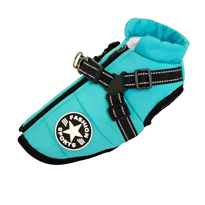 Turquoise jas met zwart reflecterend tuigje, dubbele D-ring en rits, losgefotografeerd op witte achtergrond. 15