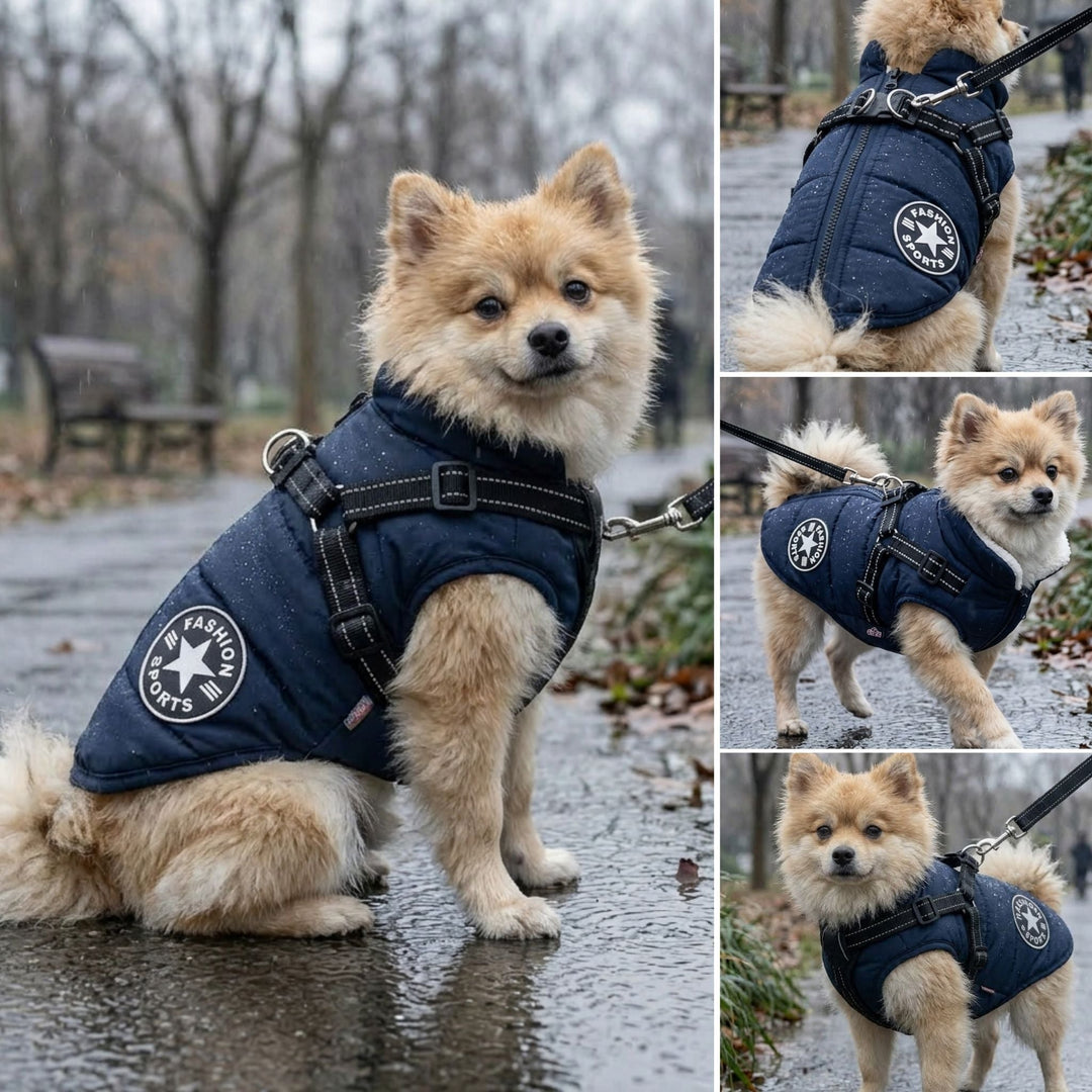 Collage van een pomeranian in een natte parkomgeving, in een marineblauwe jas met tuigje, vanuit vier hoeken. 6