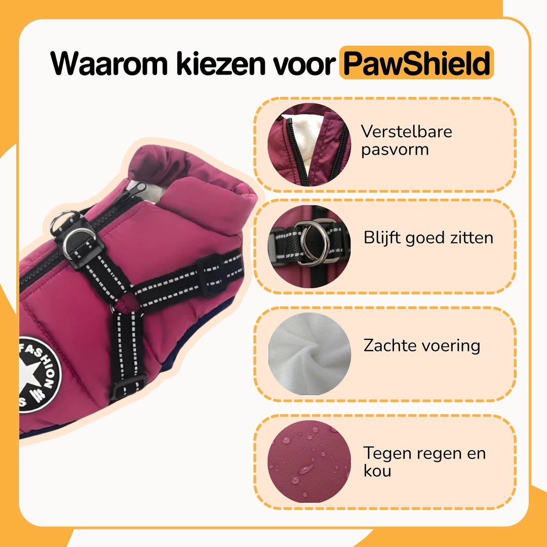 Infographic met bordeauxrode jas met tuigje en vier detailcirkels: verstelbare pasvorm, stevig tuigje, zachte voering, regenbestendige stof. 5