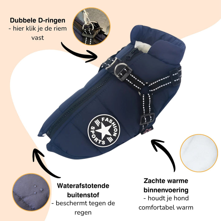 Marineblauwe jas met tuigje en toelichting bij dubbele D-ringen, waterafstotende buitenstof en zachte warme binnenvoering. 7