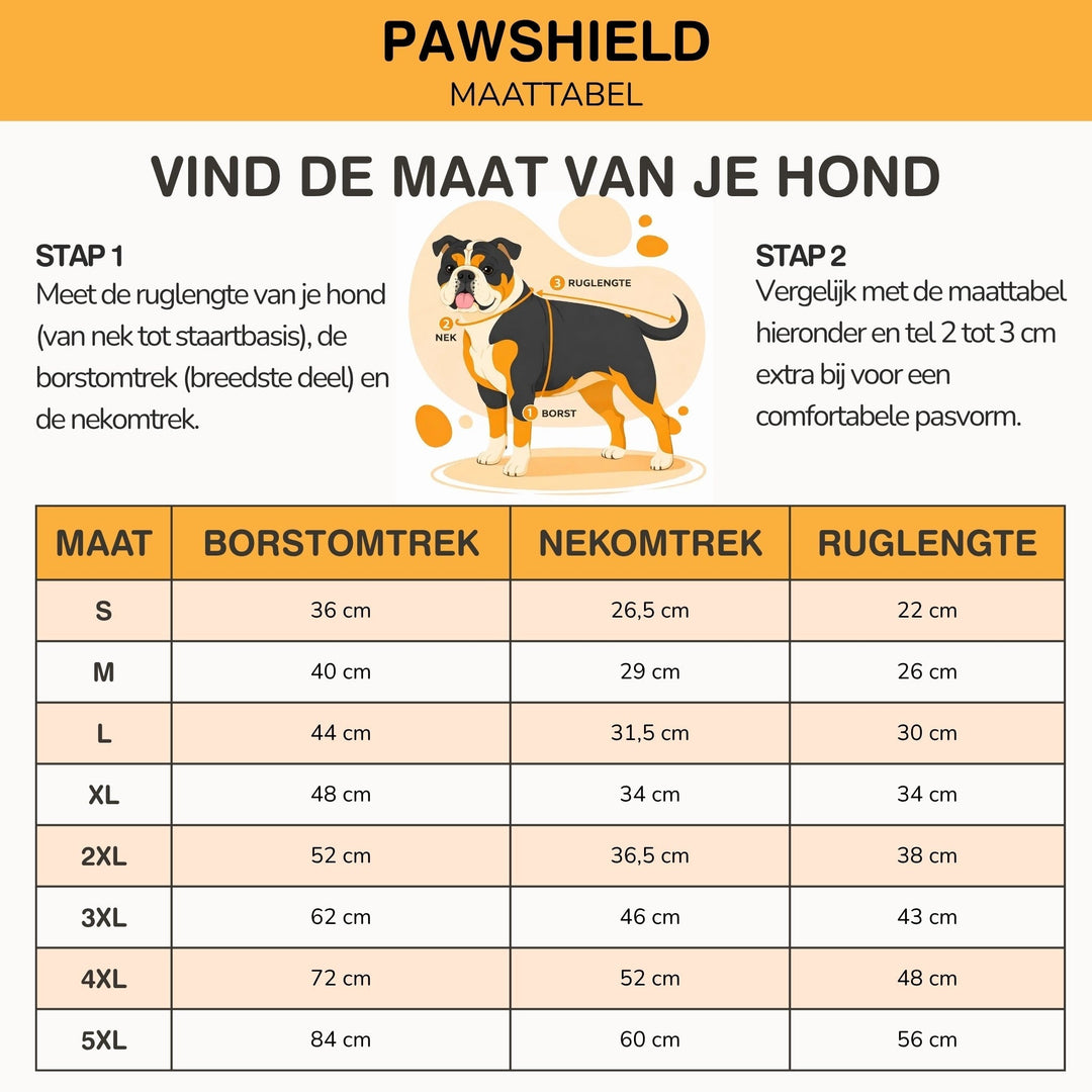 Maattabel met stappen om rug, nek en borst van de hond te meten, met afmetingen voor maat S tot 5XL. 10