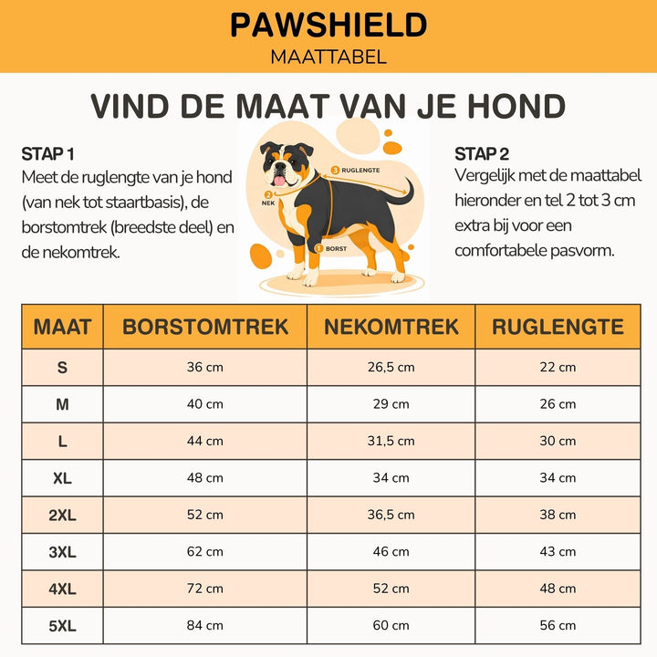 Maattabel met stappen om rug, nek en borst van de hond te meten, met afmetingen voor maat S tot 5XL. 10