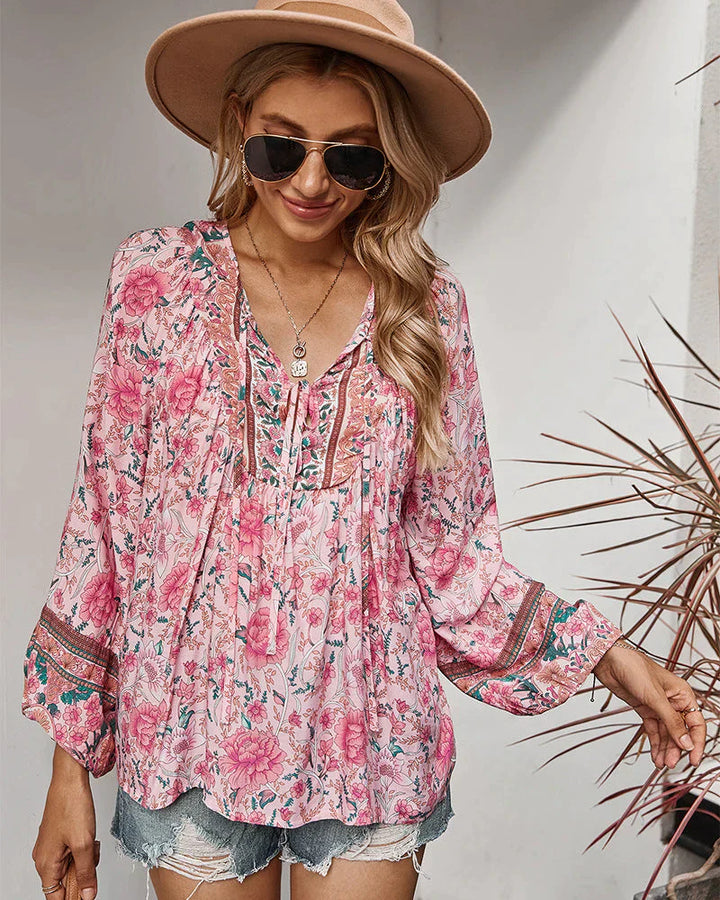 Vintage boho letnia bluzka z kwiatowym nadrukiem i długimi rękawami – Sana