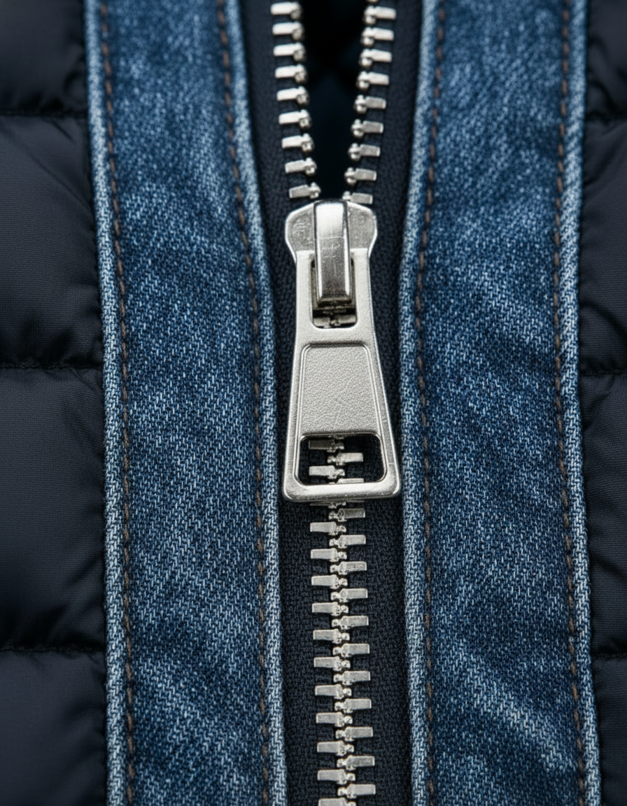 Extreme close-up van de metalen rits met trekker, omlijst door gewassen blauwe spijkerstof met zichtbare stiksels. 4