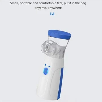 Wit-blauwe vernevelaar zonder masker met mondstuk-opzetstuk, klein en draagbaar genoeg om in een tas mee te nemen. 11