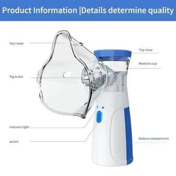 Productschema van de vernevelaar met maskers en pijlen naar onderdelen zoals bovendeksel, medicijnbakje, indicatielampje, schakelaar en batterijvak. 5